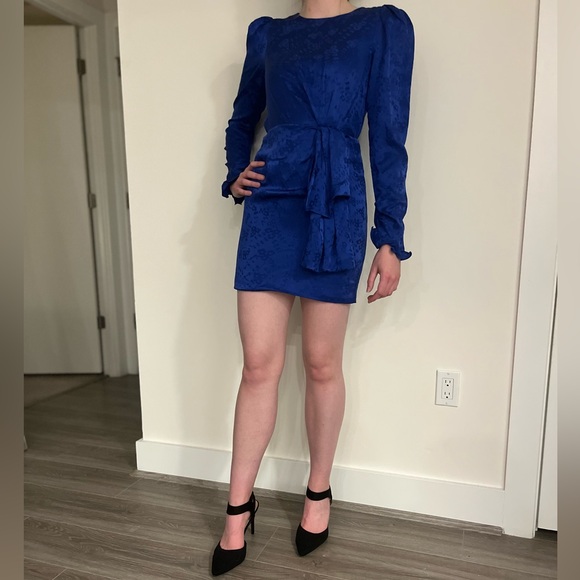 Saloni Blue Satiny Floral Pattern Mini Cocktail Dress - Picture 3 of 6